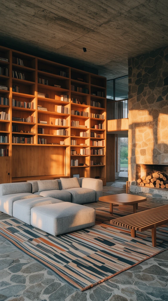 expansive mid-century modern living room, massive wooden built-in bookcase illuminated by warm golden hour sunlight casting sharp shadows, low-profile grey modular sofa, slatted wooden bench, stone fireplace with chopped logs, striped geometric rug, flagstone floor, exposed concrete ceiling, photorealistic architectural photography
