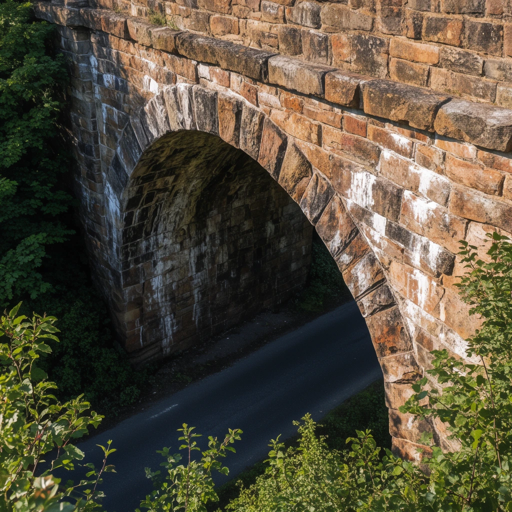 A massive rustic stone arch bridge spans a paved asphalt road surrounded by dense green foliage. Viewed from a steep high angle in bright sunlight, the weathered masonry features warm earthy tones and white mineral stains. The dark road below plunges into deep shadow beneath the arch. Leafy branches frame the foreground, emphasizing the rough stonework textures and stark shadows along the inner tunnel curve.