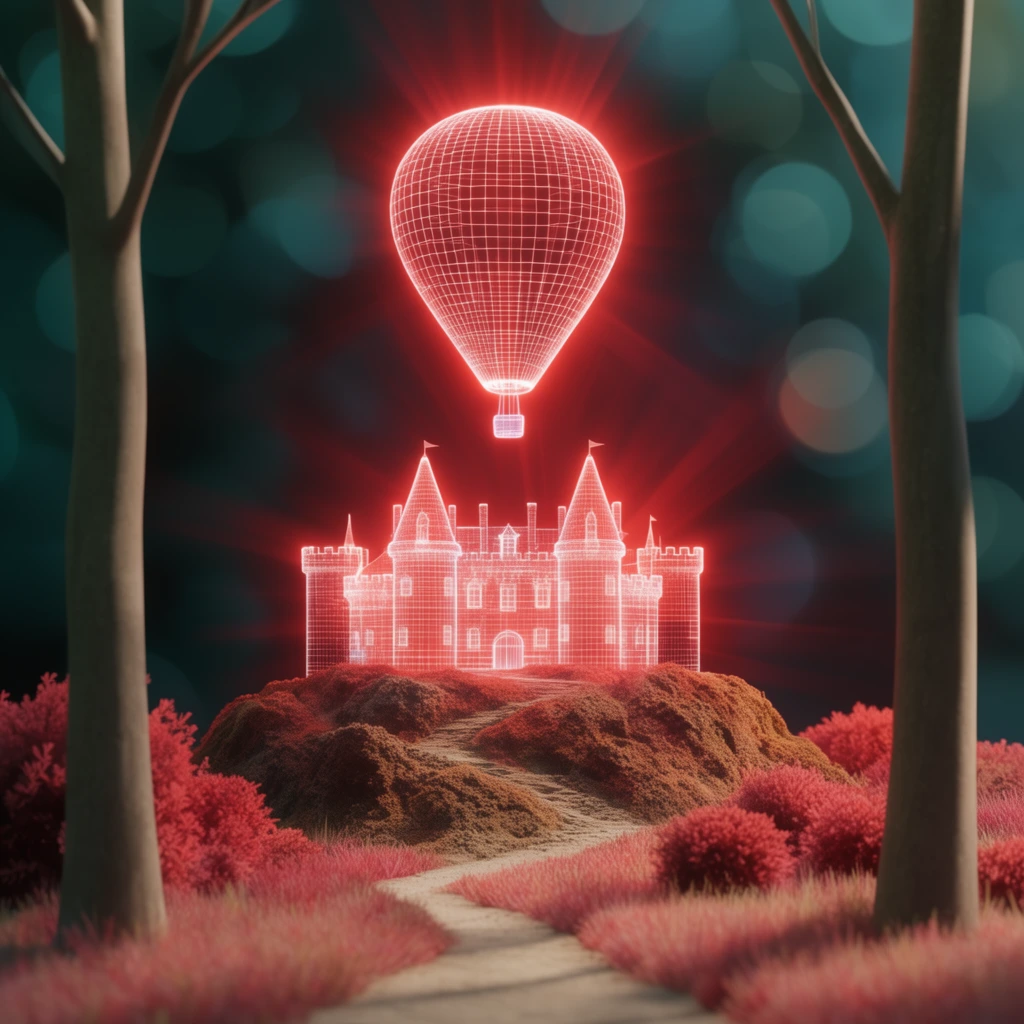 A glowing wireframe hot air balloon hovers over a matching wireframe castle on a textured earthen mound. The central holographic structures emit intense red light and radiant rays. A winding path leads through stylized reddish-pink grass and bushes. Two smooth tree trunks frame the foreground. The dark teal background features large blurred bokeh circles, creating a surreal 3D rendered aesthetic with shallow depth of field.