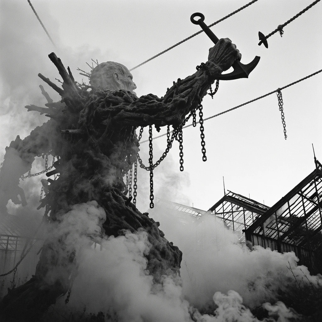A colossal grotesque entity emerging from thick smoke, its body a chaotic mass of fused driftwood and heavy chains. The figure raises an anchor-like iron object toward a pale sky diagonally intersected by suspended ropes. In the lower right background, the angular silhouettes of crumbling Victorian greenhouse roofs emerge through the dense haze. The scene is captured in high-contrast, grainy black-and-white film, featuring gritty textures, a low-angle perspective, and a lo-fi surrealist aesthetic.