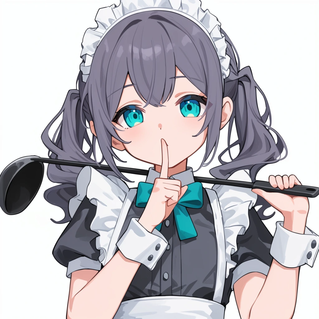 Anime illustration of a young maid making a hushing gesture, grey-purple hair in loose twintails, vibrant cyan eyes, index finger against lips, holding a black ladle across shoulders, dark grey and white ruffled maid dress, white cuffs, teal bow tie, white ruffled headband, pure white background, 2D digital art, cel-shaded, crisp line art, waist-up portrait