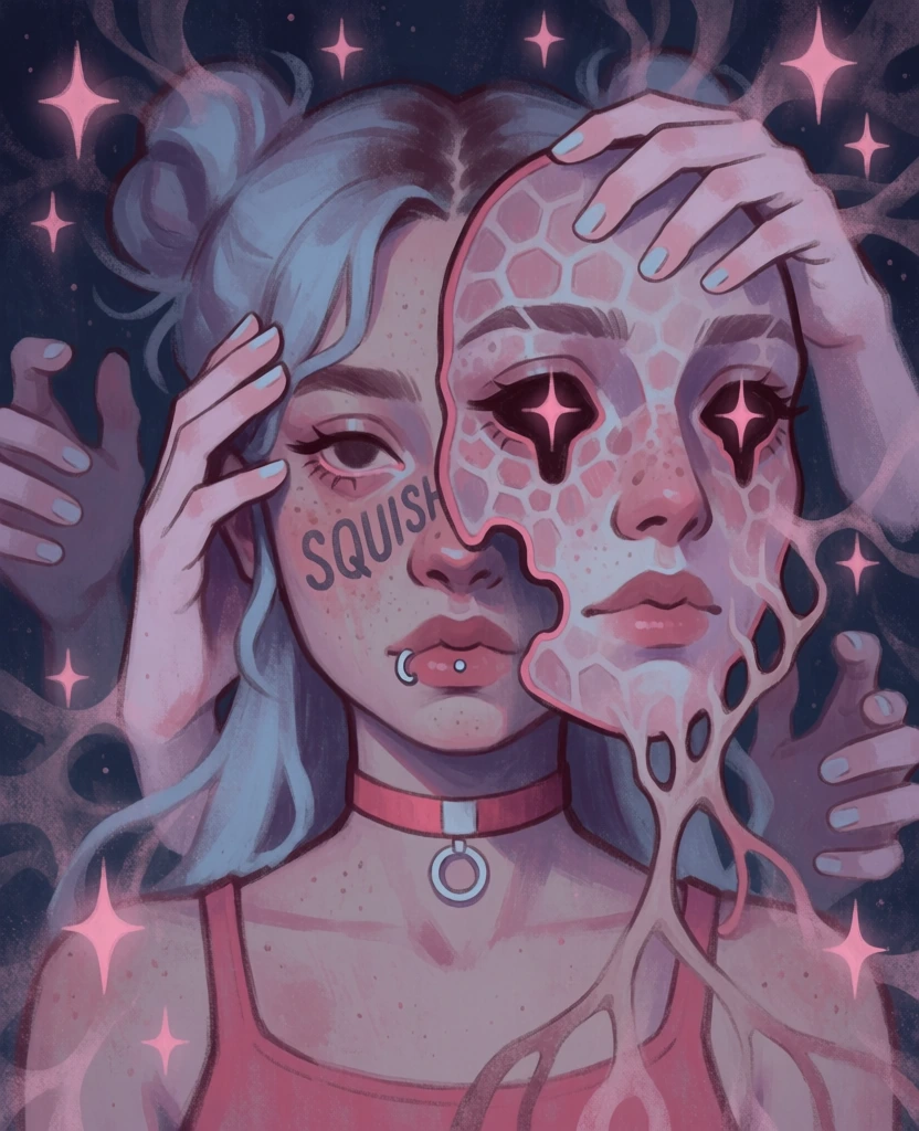 A surreal digital illustration depicts a woman's face splitting or peeling away into a secondary, distorted visage amidst a hazy, star-filled atmosphere. The central figure is a young woman with pale, freckled skin and light blue hair styled in messy buns, secured by a small pink barrette. Two distinct faces are layered together; the base face on the left features a single wide, pale blue eye and a silver metal hoop piercing on the left side of the lower lip. The right side of the face appears as a mask-like layer being held or pulled by pale hands with light blue fingernails. This secondary face is heavily distorted, with dark, hollowed eye sockets containing glowing pink four-pointed stars and a porous, honeycomb-like texture spreading across the cheek and forehead. Vertical grey text reading "SQUISH" is inscribed on the cheekbone between the two overlapping faces. The figure wears a reddish-pink tank top and a red choker necklace with a circular silver pendant. The entire scene is set against a dark, navy blue background filled with glowing four-pointed stars and smoky, web-like patterns that connect the different parts of the composition. The lighting is soft and ethereal, casting a cool, muted glow over the subject with a color palette dominated by shades of lavender, dusty rose, and slate blue. The composition is a close-up portrait that emphasizes the intricate, painterly textures of the skin and the organic, melting forms of the surreal transformation.