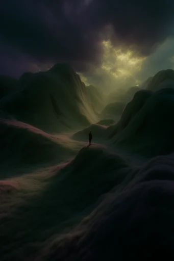 Ethereal Verdant Surrealism style reference image — surreal moss-covered monoliths