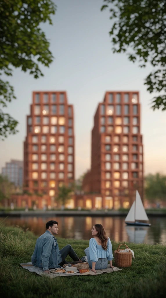 couple picnicking on lush green grass, man in denim jacket and woman in light blue top beside a woven basket, calm canal with a small white sailboat, blurred modern terracotta brick twin towers with glowing windows, out-of-focus tree leaves framing top corners, tilt-shift architectural rendering, warm twilight lighting