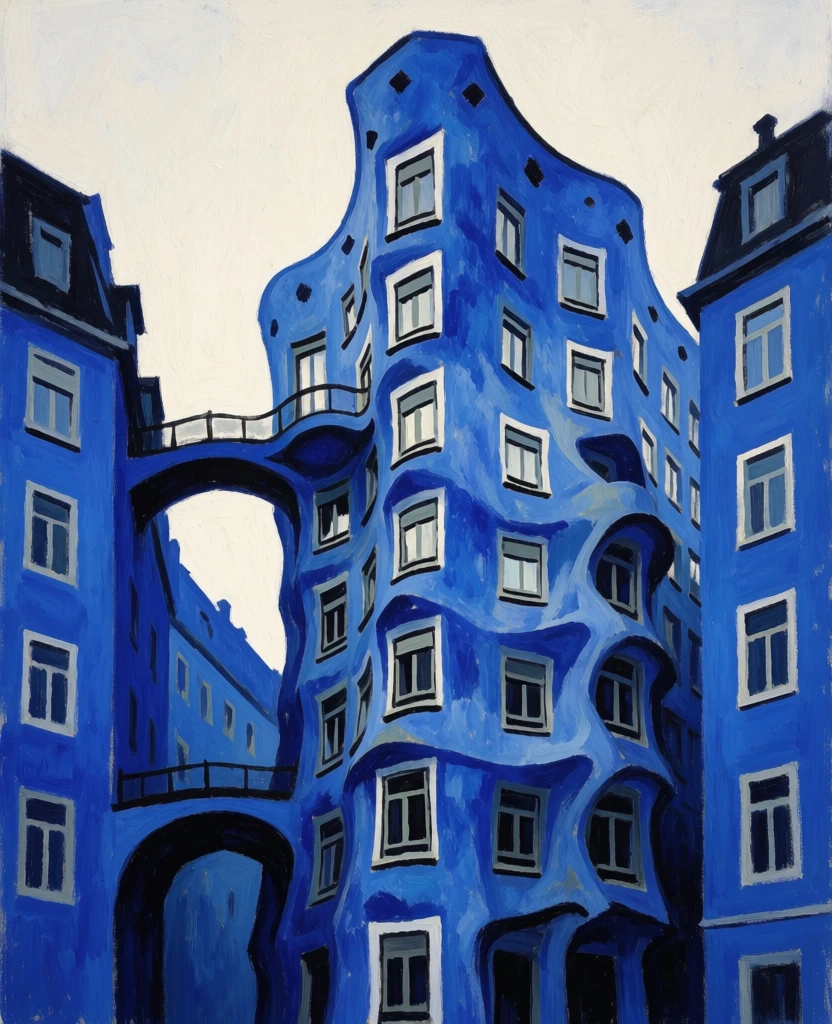 A painterly architectural scene depicts a cluster of vibrant cobalt blue buildings with wavy, undulating facades and narrow walkways under a pale sky. Centrally located is a tall, blue building characterized by its winding, wave-like floors that curve outwards and inwards in a rhythmic pattern. Numerous small, rectangular windows with white frames and dark trim are embedded in its facade, following the contours of the curves. Flanking this central structure are two straighter buildings, also finished in the same intense blue, which form a narrow, canyon-like alleyway. These side buildings have dark, steep rooflines and rows of white-framed windows that recede into the distance. Two dark, arched pedestrian bridges connect the buildings at different levels; the lower bridge spans the width of the alley to form a dark passage, while the upper one connects a straight wall to a curved balcony with a thin metal railing. The surfaces of all the structures exhibit a heavy impasto texture, with thick, swirling brushstrokes visible throughout the blue walls. The view is a low-angle perspective looking upward from the ground, framing the organic shapes of the central tower against a flat, pale off-white sky visible in the narrow gaps between the rooflines. The lighting is diffuse and even, emphasizing the high-contrast color palette of deep blue, stark white window frames, and near-black accents, while highlighting the rhythmic, expressive texture of the artistic rendering.