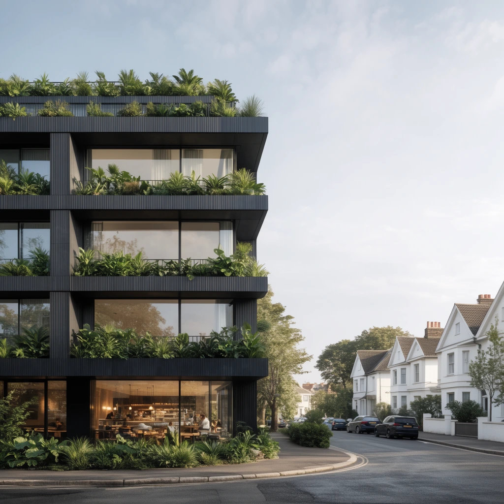 A contemporary multi-story building with a dark ribbed facade and expansive glass windows features lush green planters on every balcony. The ground floor reveals a warmly lit cafe interior. It sits along a curved paved street opposite traditional white gabled houses and parked cars. The hyper-realistic architectural rendering features soft natural daylight, contrasting sleek charcoal architecture against vibrant foliage and classic suburban homes.