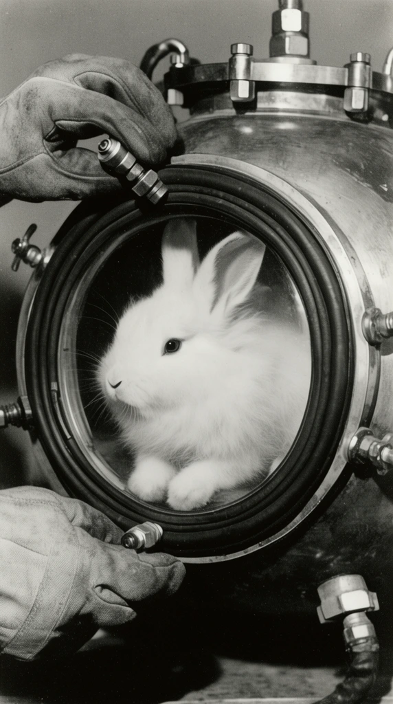 A vintage monochromatic photograph of a fluffy white rabbit secured inside a spherical brass bathysphere. Heavy canvas-gloved hands reach into the frame from both sides, adjusting metal valves and thick rubber seals around the circular glass enclosure. The rabbit looks calmly left, its soft fur contrasting with the rigid, utilitarian machinery. The grainy, high-contrast composition emphasizes the claustrophobic, experimental setup, focusing closely on the mechanical housing and manipulating hands.