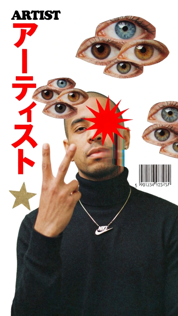 A surreal digital collage features a central man making a V-sign with his hand, surrounded by clusters of human eyes and Japanese text against a plain white background. The man, depicted with a grainy, low-fidelity texture, wears a dark sweater and a thin silver chain with a "NIKE" logo pendant. His face is partially obscured by a bright red, multi-pointed starburst over his right eye and a vertical glitch effect that displaces the left side of his features. Floating above his head on the right is a dense, tiered cluster of realistic human eyes in various colors, including blue, brown, and green. A secondary cluster of eyes, some appearing as paper cutouts with faint printed text, is positioned on the right side of his face. To the left of his head, a large, textured gold star is visible. Bold, bright red Japanese katakana characters reading "アーティスト" are arranged vertically along the left edge in a clean, sans-serif font. A black barcode with the numbers "5 901234 123457" is placed at the bottom right corner. The overall composition uses a mixed-media aesthetic, combining elements of glitch art, vaporwave, and traditional collage with a high-contrast color palette of warm browns, vibrant reds, and stark white.