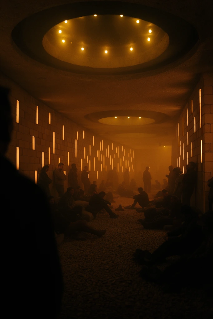 A dimly lit, elongated bunker bathed in dense, volumetric amber haze, filled with shadowy figures resting on a floor of loose gravel. An out-of-focus silhouette of a person's shoulder anchors the extreme left foreground, framing the deep perspective of the room. The walls consist of blocky, textured masonry interspersed with repeating vertical rectangular slits emitting a stark, warm glow. Overhead, massive circular recessed ceiling fixtures house small, intense yellow bulbs that cast a monochromatic wash over the interior. Dozens of people sit, slump, or stand in relaxed postures throughout the hazy space, their forms reduced to dark silhouettes against the glowing architectural elements in this atmospheric, low-key cinematic composition.