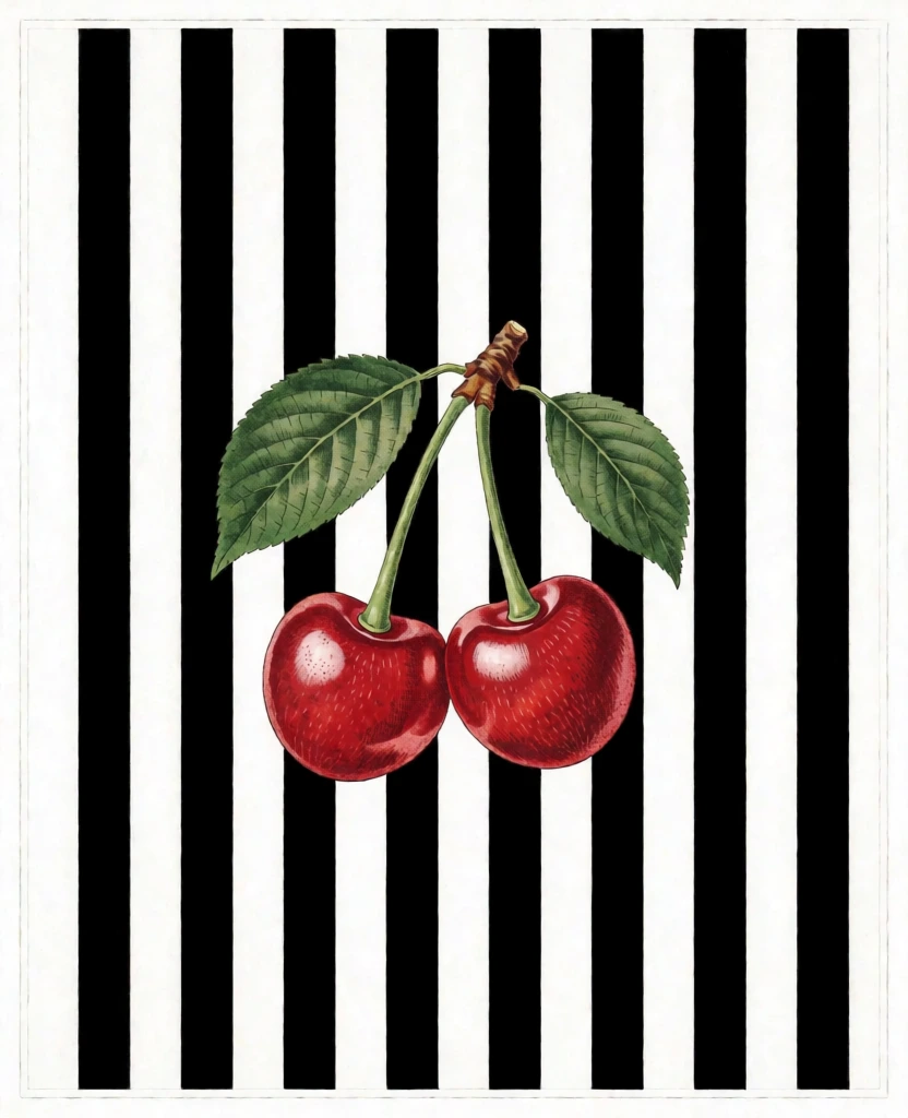 A pair of ripe red cherries with green leaves is centered against a background of vertical black and white stripes. Two round, deep red cherries hang from a bifurcated brown, woody-textured stem. The cherries feature detailed stippled shading and bright highlights on their curved surfaces. Two green leaves with prominent veins and serrated edges extend from the top of the stem, with one leaf pointing diagonally upward to the left and the other leaf pointing diagonally downward to the right. The background is composed of a series of perfectly straight, evenly spaced alternating vertical stripes of solid black and pure white. The organic, detailed botanical illustration of the fruit contrasts with the minimalist, modern geometric pattern behind it. The composition is vertically oriented and centrally balanced, bordered by a thin white frame. The color palette is high-contrast, dominated by the monochromatic background and the vibrant red and green of the cherries. The artistic style combines realistic, hand-drawn textures with a clean graphic design.