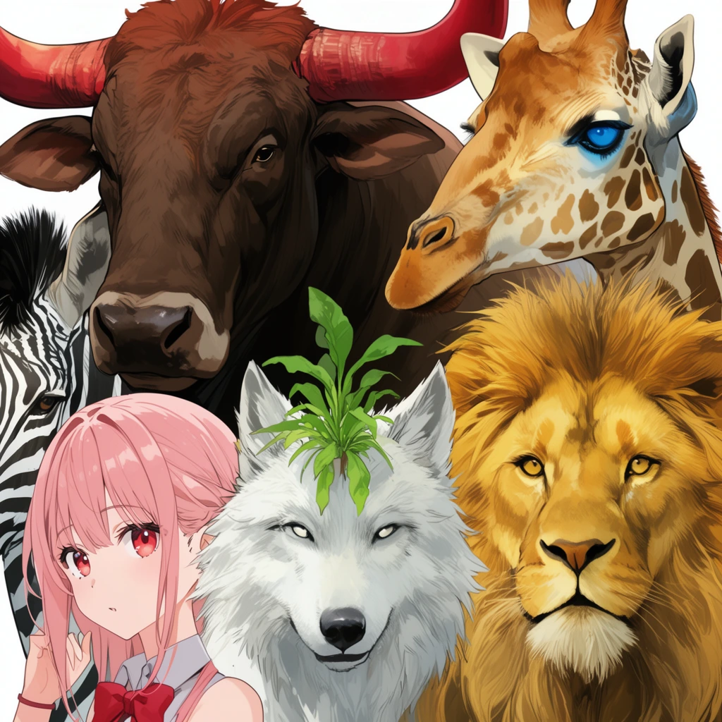 tight collage of stylized animal heads and a young anime woman, crisp white background, large muscular brown ox with reddish horns top left, giraffe with bright blue eye top right, detailed golden lion bottom right, white wolf with green plant on head lower center, anime girl with pink hair and red eyes bottom left, partial zebra on left edge, detailed manga illustration, smooth digital coloring, sharp line art, overlapping faces