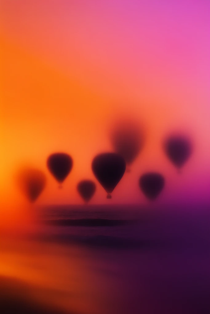 Six silhouetted hot air balloons float over a darkened ocean horizon within a luminous, heavily blurred, vibrant gradient of orange and magenta light. The balloons and the ocean below appear as soft, shadowy, dark plum and black forms with highly diffused, ethereal edges that melt softly into the bright atmosphere. The background functions as a radiant, intensely saturated color field. Bright, fiery orange and warm amber hues dominate the left side of the composition, bleeding seamlessly into vivid magenta at the top right and deepening into rich, velvety purple in the lower right corner. The lighting is intensely backlit and uniformly diffused, creating an atmospheric, glowing wash of color that obscures fine detail, prioritizing sweeping, smooth color transitions and deep, hazy optical softness.
