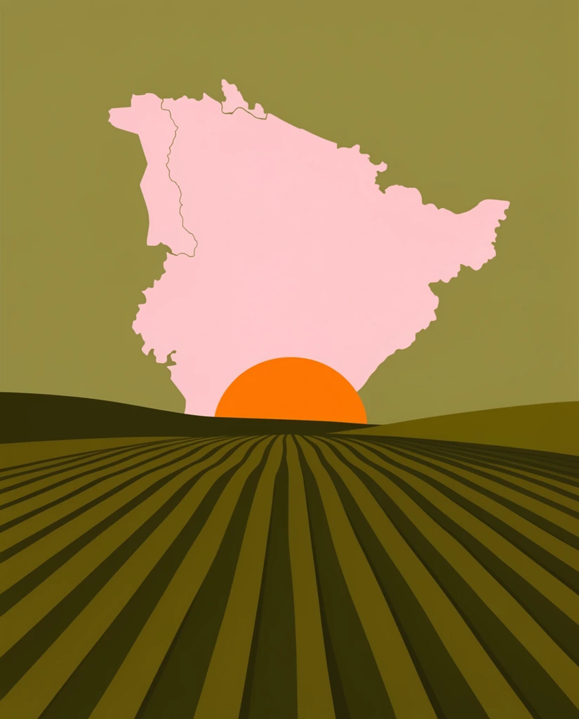 minimalist flat vector illustration, pastel pink geographical map silhouette, bright orange semi-circle sun on the horizon, dark olive green rolling agricultural fields with receding perspective lines, muted olive green sky, retro earth tone color palette, clean edges