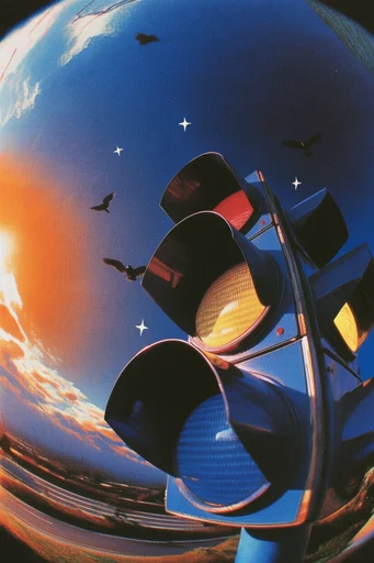 Surreal Retro-Futurist Distortion style reference image — lo-fi digital artifacting