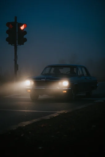 Cinematic Nocturnal Noir style reference image — volumetric headlight glow
