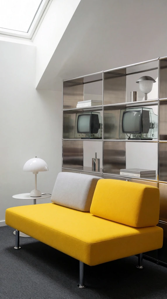 A vibrant yellow armless sofa with chrome legs and cubic grey and yellow cushions sits in a modern interior. Behind it, a tall metallic modular shelving unit acts as a room divider, displaying vintage glass CRT monitors and minimalist decor. A white side table with a dome lamp rests to the left under an angled skylight, softly illuminating the crisp architectural space and dark grey carpet.