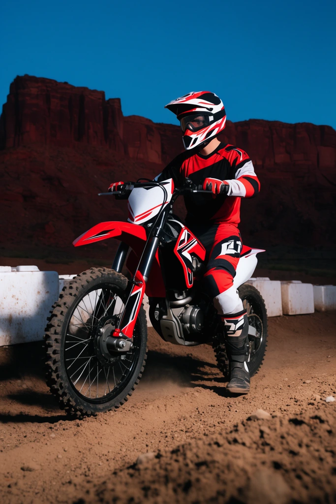 A motocross rider astride a vivid red, white, and black dirt bike pauses on a dusty track. The rider wears a matching full-face helmet and protective racing gear while gripping the handlebars. White rectangular blocks mark the track edge. Towering reddish-brown desert mesas stand behind them under a deep blue twilight sky. The scene is shot from a low angle with high-contrast, saturated lighting.