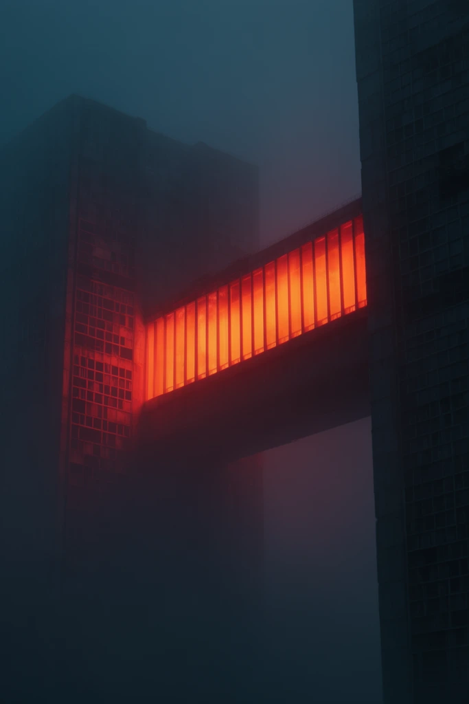 A massive brutalist structure looms in heavy deep-blue fog, pierced by an intensely glowing neon-orange skybridge connecting two dark monolithic towers. Fiery red light radiates from the bridge's vertical glass panes, spilling onto adjacent gridded facades. Thick atmospheric haze obscures the lower levels, emphasizing immense scale and deep shadows. Stark cinematic contrast between moody teal darkness and vibrant neon heat defines the dystopian architectural aesthetic.