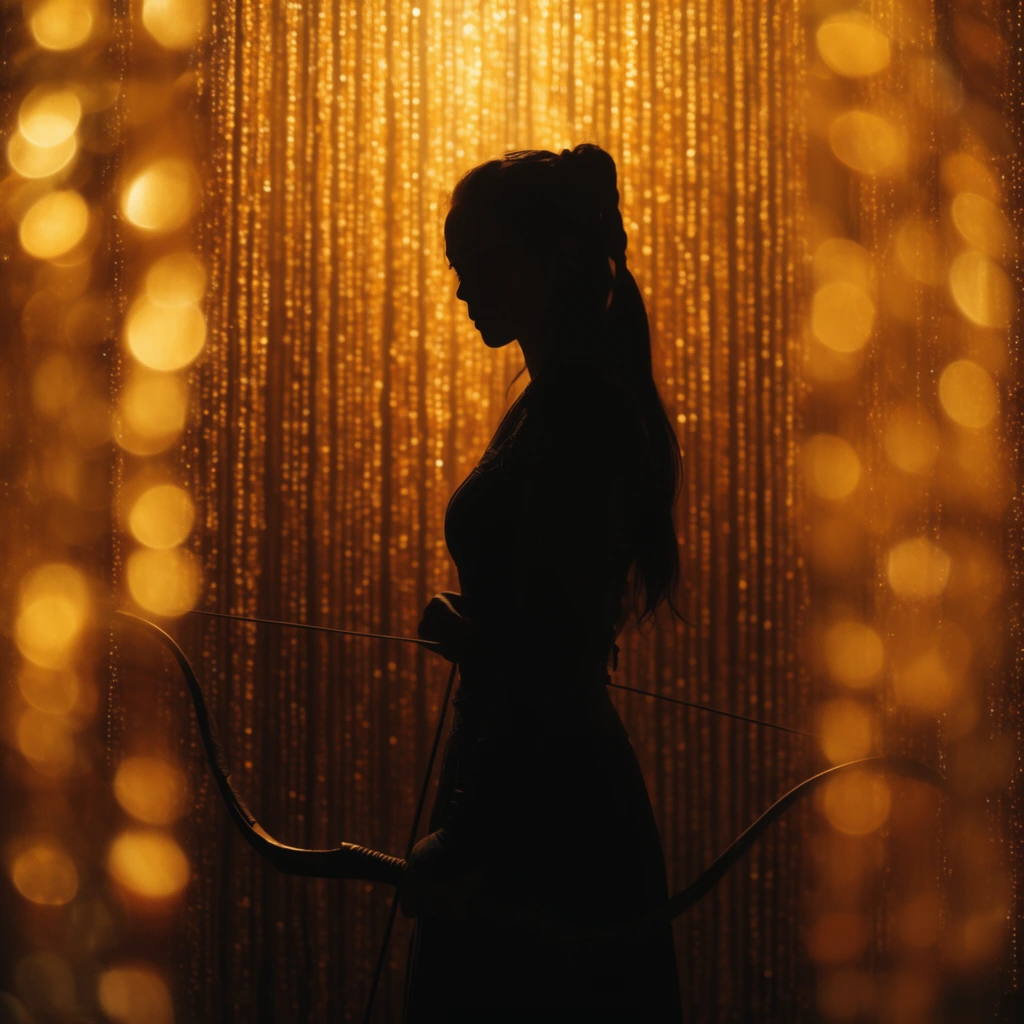 A dark silhouette of a female archer holding a curved bow stands against a dense, shimmering cascade of golden beads. Intensely warm amber backlighting illuminates the vertical textures of the background curtain. Large, out-of-focus golden light orbs create a dramatic foreground bokeh effect, framing the sharp profile of the warrior in a deeply atmospheric cinematic composition.