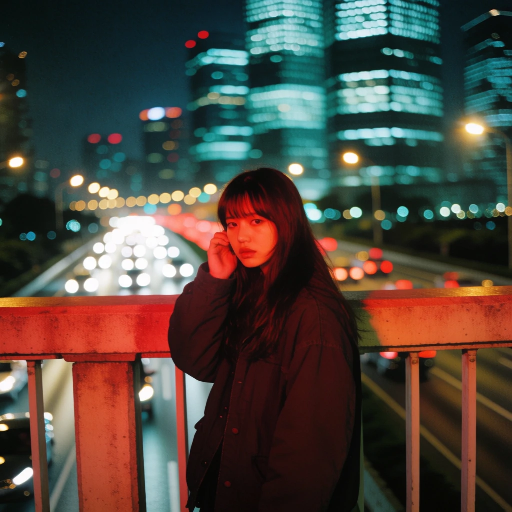 A young woman with long dark hair and fringe bangs stands on a bridge at night, illuminated by a warm reddish-orange glow against a backdrop of a blurred, glowing city skyline and highway traffic. The woman wears a dark, heavy jacket and has her right hand raised near her ear, her expression appearing somber as she looks toward the camera. A concrete railing with vertical metal bars runs horizontally behind her, its top surface catching a vibrant red light. Below the bridge, a multi-lane road is filled with the out-of-focus white and red light streaks from moving vehicles. In the background, large skyscrapers rise into the dark sky, with their windows emitting a cool teal and cyan light that contrasts with the warmer foreground. The photograph is a medium shot at eye level with a shallow depth of field, creating a soft bokeh effect from the distant city lights. The image features a cinematic color palette of reds and teals with a visible film grain texture throughout the composition.