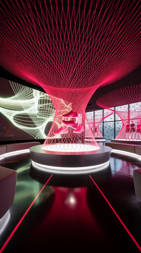 A futuristic exhibition space dominated by intricate installations of taut neon pink strings forming complex hyperbolic paraboloid structures. A central circular podium with a glowing white base displays bright pink athletic shoes suspended within the geometric thread network. The dark, highly reflective floor mirrors the vibrant lighting and features linear red accents. Curved seating with glowing bases surrounds the main display. Behind this, a large digital screen shows a luminous abstract map of glowing green lines. Additional pink string pavilions house mannequins in activewear near large glass windows veiled by a dark geometric grid. Dramatic high-contrast lighting emphasizes the vivid threads and sleek architectural elements.