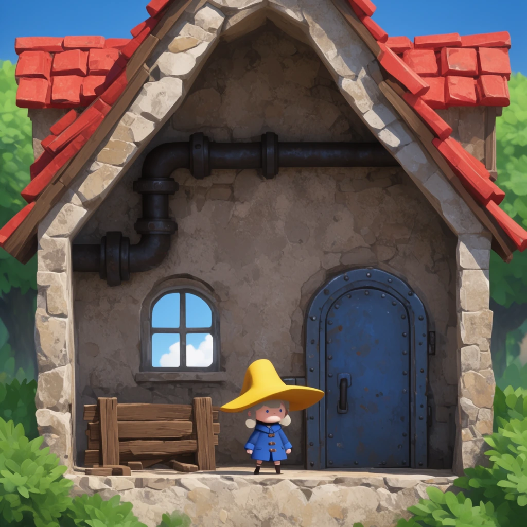 2.5D cross-section of a stone building, tiny stylized character in oversized yellow hat and blue coat, rough interior walls, arched blue metal door, window showing blue sky, dark industrial pipes, wooden barricade, green foliage, red tiled roofs, bright daylight, 3D game art