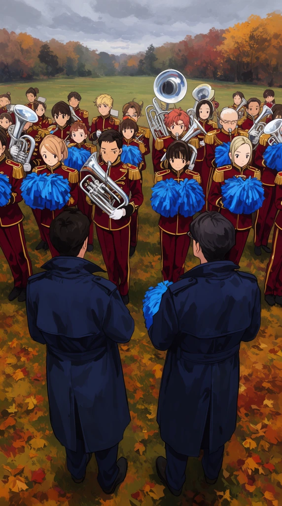 Anime-style marching band in crimson and gold uniforms lined up on an autumn field. Two instructors viewed from behind in navy trench coats face the students. The musicians hold silver brass instruments and blue pom-poms under an overcast sky.