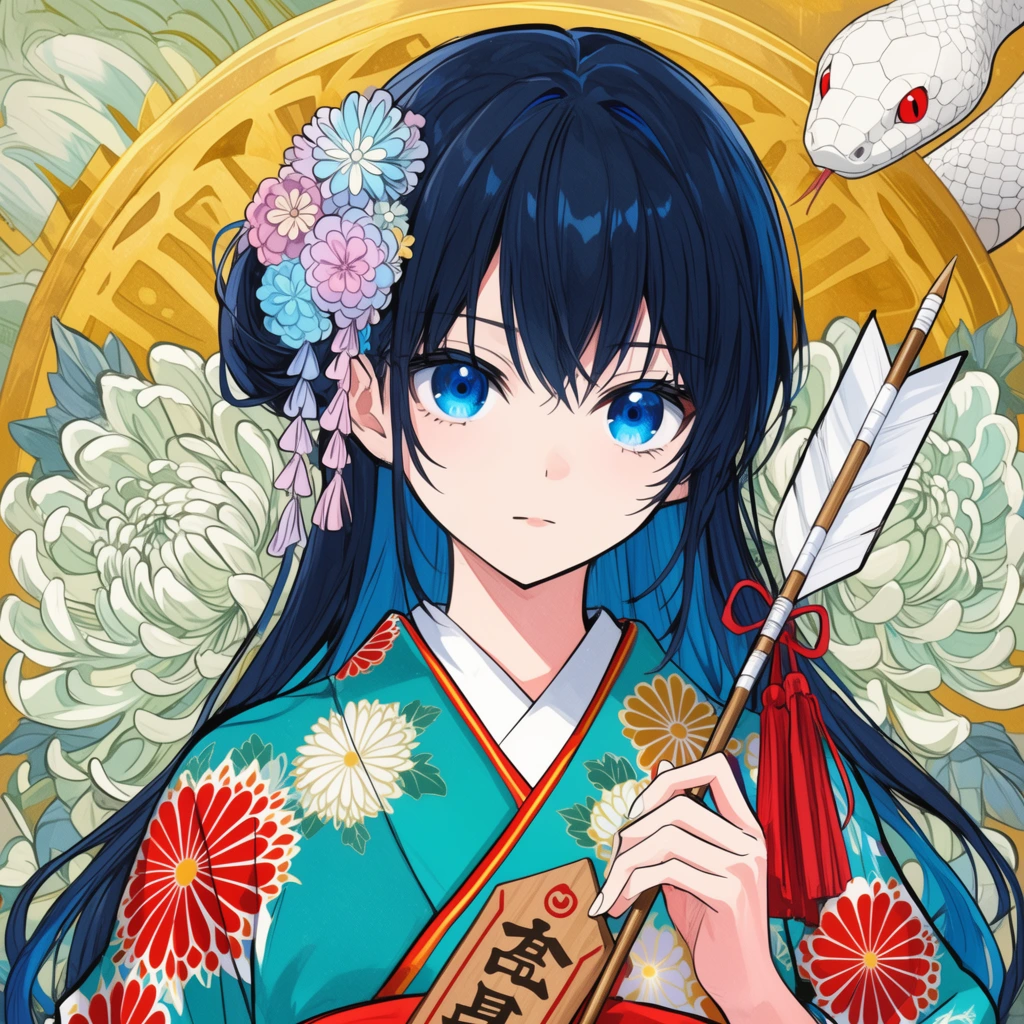 anime-style portrait of a young woman with dark blue hair and bright blue eyes, vibrant teal kimono with red and white chrysanthemum patterns, pastel floral hairpins, holding a ceremonial arrow with white fletching and a wooden plaque, background featuring a golden circular motif, large stylized white and pale green flowers, a white snake with red eyes peering from the top right, crisp line art, vibrant colors, detailed anime illustration