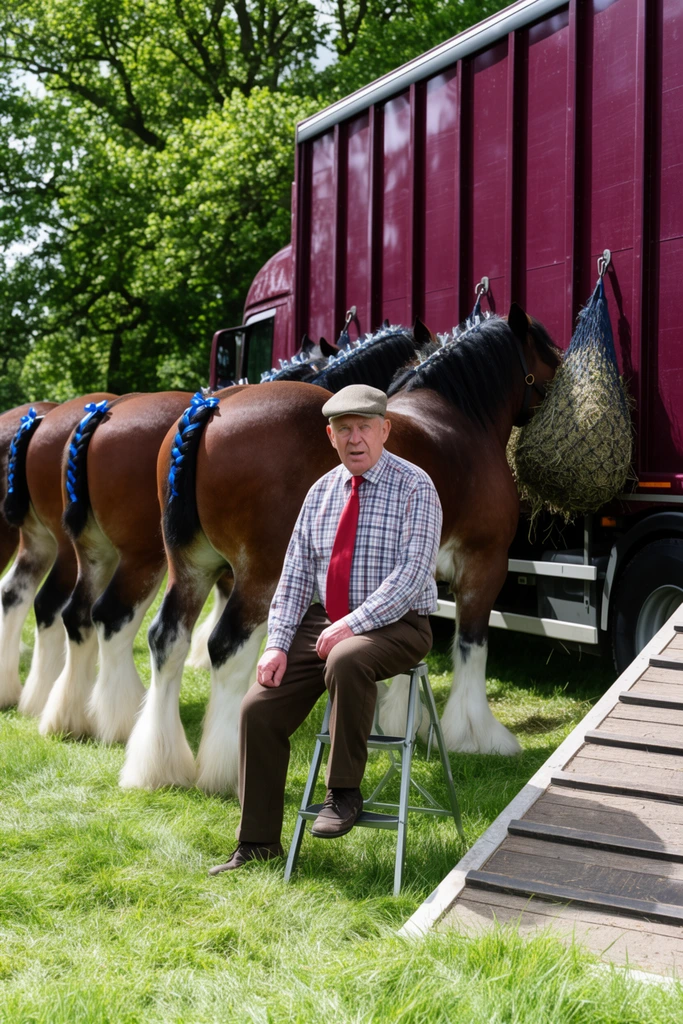 older man seated on a metal step stool in a grassy field, wearing a plaid shirt, red tie, brown trousers, flat cap, three massive brown draft horses standing behind him, prominent white feathered legs, tails braided with blue ribbons, one horse eating from a hay net attached to a large maroon transport truck, wooden ramp on the right, dappled sunlight from lush green background trees, bright natural daytime photography