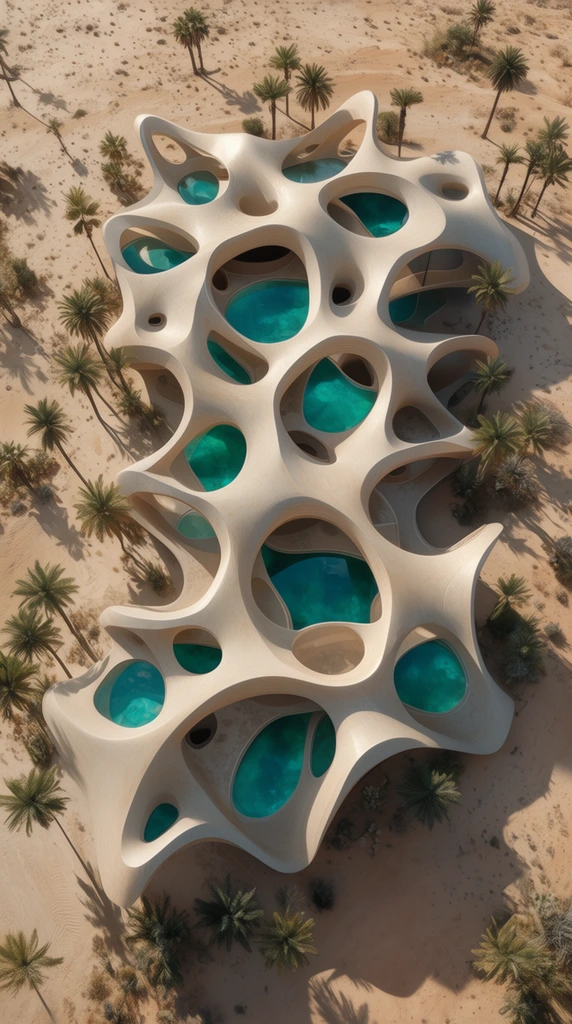 aerial view of futuristic biomorphic desert architecture, undulating continuous beige roof with organic cutouts revealing vibrant turquoise pools, scattered palm trees, hyper-realistic rendering