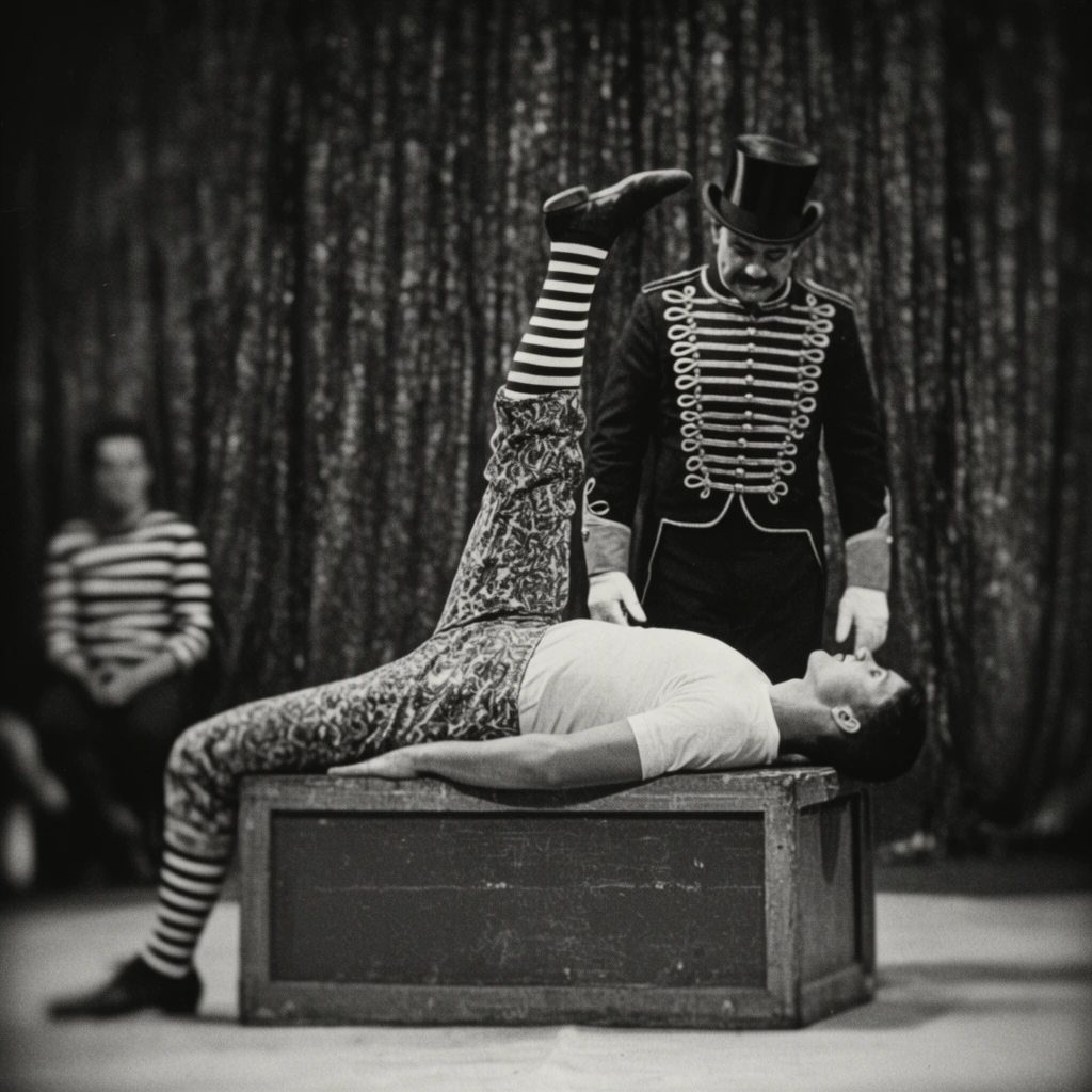 vintage black and white photograph of two circus performers on stage, performer lying flat on a rectangular wooden box with one leg extended straight up, patterned trousers, striped socks, ringmaster standing behind looking down, braided military jacket, top hat, heavy film grain, shallow depth of field, blurred dark textured curtain backdrop, out-of-focus figure in striped shirt sitting to the left, soft vignette, high contrast lighting