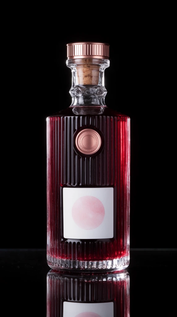 A fluted glass bottle filled with dark crimson liquid rests on a highly reflective black surface against a pitch-black background. The premium bottle features vertical ribbing, a white rectangular label with a pale pink circular graphic, and a rose-gold circular medallion on the upper chest. A ridged rose-gold cap over a cork stopper seals the detailed glass neck. Dramatic studio rim lighting accentuates the rich ruby contents and creates crisp specular highlights along the textured glass, casting a perfect mirrored reflection below.