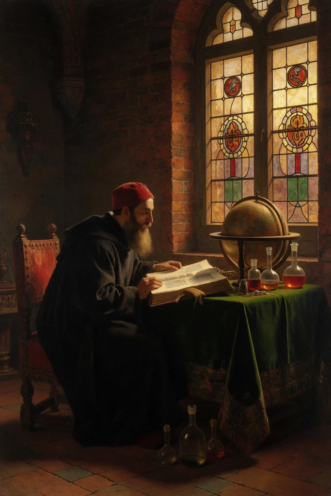 bearded scholar in dark robes and red cap reading a large open book, seated at a green draped table with a globe and glass flasks, dim brick room, large stained glass window, warm golden light, classical oil painting, chiaroscuro lighting