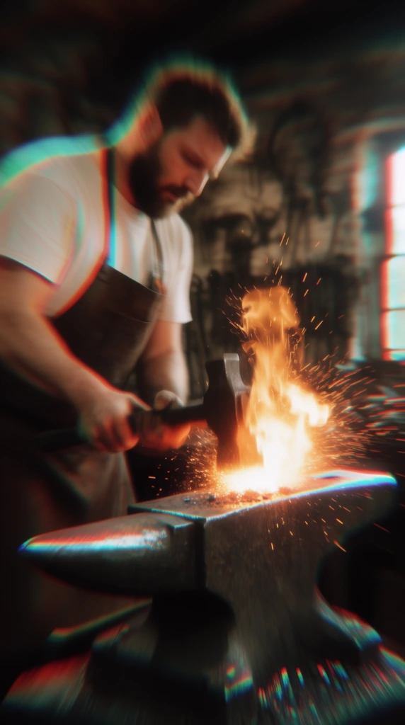 A blacksmith strikes an anvil, generating a massive burst of bright orange flames and sparks. The bearded man wears a white t-shirt and dark apron, grasping a heavy tool with both hands. The dimly lit workshop environment is heavily distorted by intense motion blur and chromatic aberration. Red and cyan color fringing creates a dynamic visual effect throughout the frame, highlighting the fast movement of the worker and the bright, localized illumination from the fire.