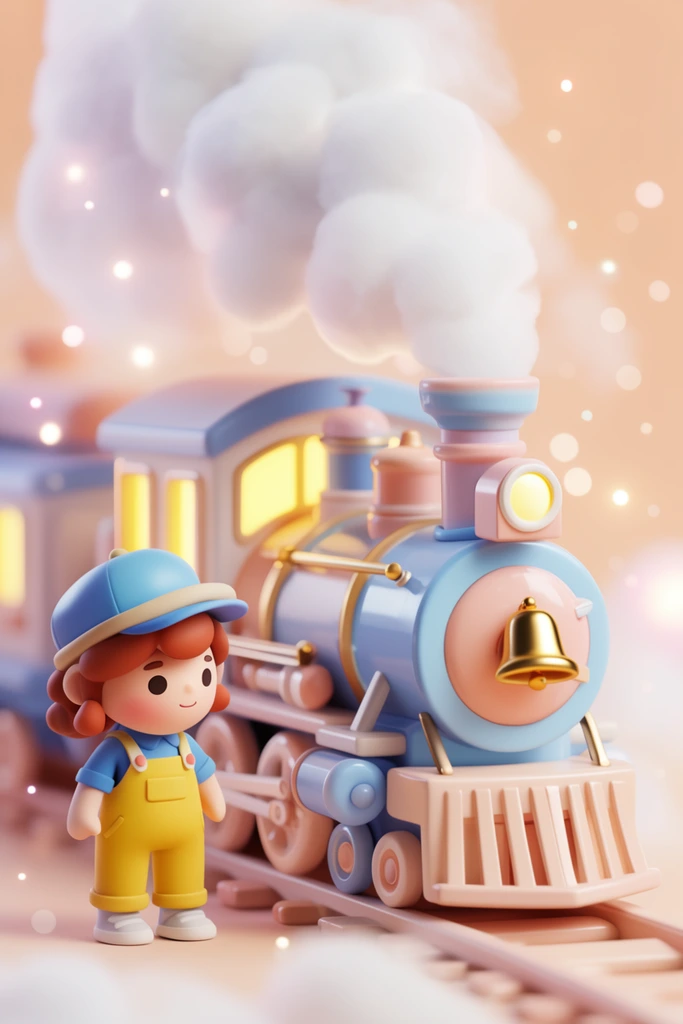 Stylized 3D cartoon character in yellow overalls and blue shirt beside a pastel steam train, thick billowing white steam, glowing yellow cabin windows, golden bell, floating glowing bokeh sparks, soft peach and blue palette, dreamy volumetric lighting, glossy 3D render, miniature toy aesthetic