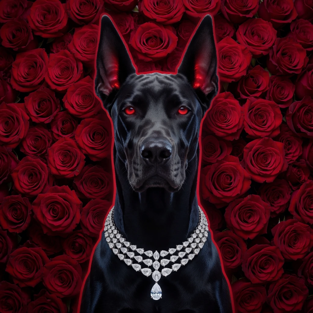 A sleek black dog with glowing red eyes and a luxurious diamond necklace sits centered against a dense backdrop of crimson roses. The dog, resembling a Great Dane or Doberman with tall, pointed ears, features short, midnight-black fur with subtle light-blue highlights that define its muscular neck and snout. Its eyes are a luminous, saturated red, and a faint reddish glow emanates from the inner folds of its ears. Encircling its neck is an ornate, three-tiered necklace crafted from numerous teardrop-shaped diamonds set in silver metal, culminating in a single, larger pear-cut diamond pendant at the center. The background is entirely composed of fully bloomed red roses, tightly packed together with no visible stems or leaves, creating a textured wall of deep red hues. A thin, soft red outline traces the silhouette of the dog, separating it from the floral background. The composition is a close-up portrait with a front-facing perspective, utilizing a dramatic color palette of black, red, and silver with high-contrast lighting that emphasizes the crystalline facets of the jewelry and the velvet texture of the roses.