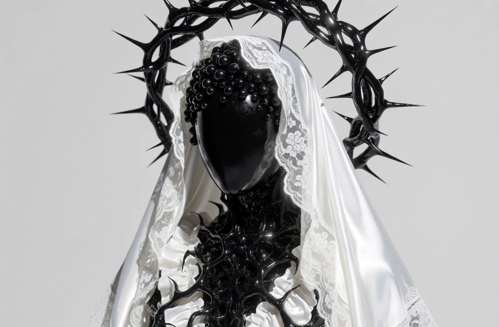 A surreal, monochromatic portrait features a humanoid figure draped in a white lacy veil and encased in a glossy, thorny black exoskeleton against a neutral background. The central figure lacks a face, possessing instead a smooth, featureless surface of polished black material; the top of the head is encrusted with a dense cluster of small, shiny black spherical beads that appear to merge into the crown. Encircling the head is a large, halo-like ring composed of sharp, jagged black spikes that mimic a crown of thorns, exhibiting a wet, high-gloss finish with bright specular highlights. A bright white, translucent silk veil with intricate floral lace trim along its edges is draped over the head and shoulders, falling in deep, fluid folds around the figure. Below the neck, a complex structure of intertwining black, thorny tendrils and liquid-like vines covers the chest, intermingling with ruffled white fabric. The composition is a close-up, centered bust-up shot against a solid, pale gray studio background that emphasizes the stark contrast between the deep blacks and the bright whites. The lighting is bright and direct, casting soft shadows within the fabric folds while creating sharp, reflective glints on the metallic-looking black surfaces. The overall aesthetic is one of hyper-realistic digital art, focusing on the tactile juxtaposition of soft lace and sharp, dangerous architectural forms.