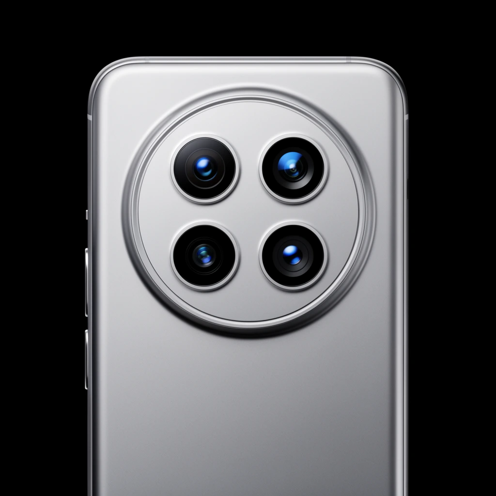 sleek silver smartphone back, large circular camera module, four distinct circular lenses in a symmetrical grid, vibrant blue glass reflections, smooth matte metallic casing, minimalist modern industrial design, gently rounded corners, subtle physical side buttons, stark solid black background, studio product photography, high contrast lighting, premium textures