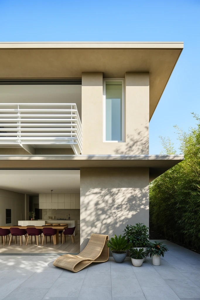 High-resolution architectural photography of a minimalist two-story modern residence featuring a smooth beige stucco exterior, flat roof, and deep overhangs under a clear blue sky. The upper level includes a balcony with white horizontal railings and a narrow window. Below, expansive open sliding doors reveal a brightly lit interior dining area with a long wooden table, maroon chairs, and a sleek kitchen island. On the light gray tiled patio, a curved woven lounge chair rests beside three potted leafy plants. Bright, direct sunlight casts intricate dappled tree shadows across the solid exterior wall, bordered by dense green bamboo on the right.