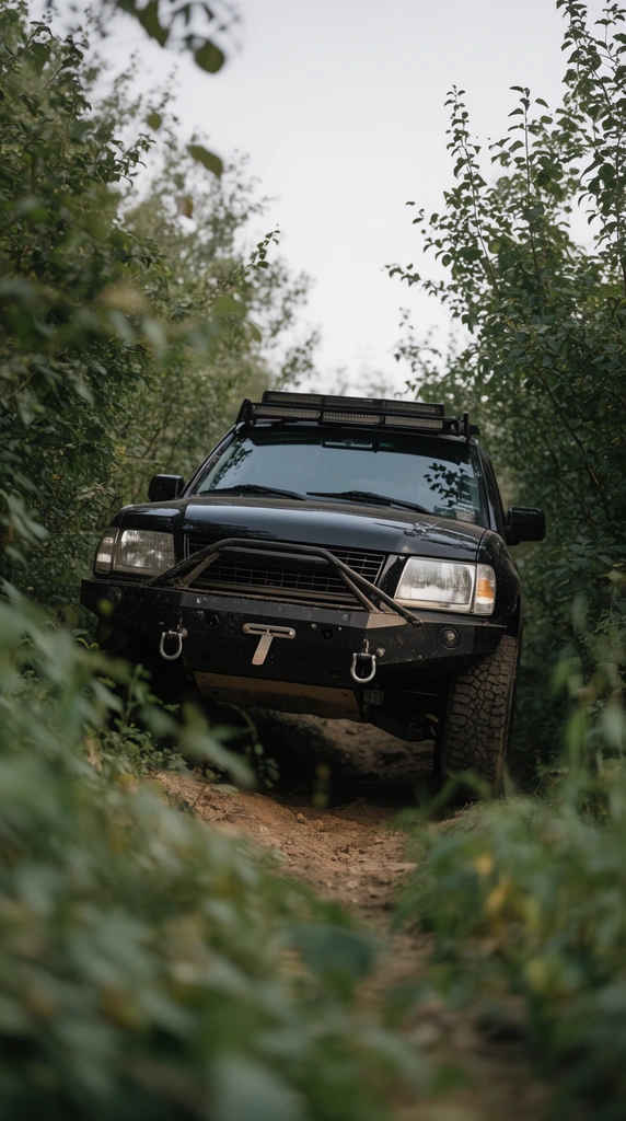 A black off-road SUV navigates a narrow dirt trail through dense foliage. The rugged vehicle features a custom front bumper, tow hooks, and a roof rack. Shot from a low angle with a shallow depth of field, blurred green foreground leaves frame the SUV against a pale overcast sky.