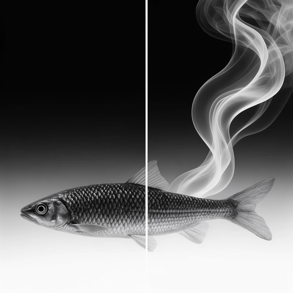 A side-by-side monochrome diptych of a realistic fish swimming left across a gradient transitioning from deep black above to bright white below. An undulating, translucent ribbon of smoke descends gracefully behind the fish's tail. The minimalist, high-contrast composition emphasizes the detailed scales and the fluid, surreal vapor trail.