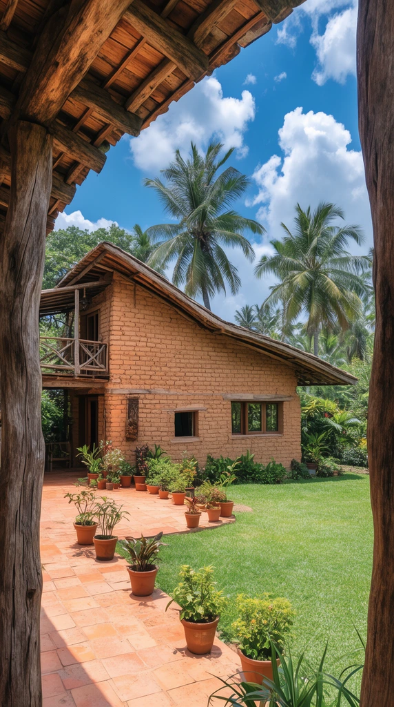 A rustic eco-house built from earth bricks and natural wood is nestled in a vibrant tropical garden. The asymmetrical building features a dramatic sloping roof extending low on the right and an elevated wooden balcony on the left. A terracotta-paved patio bordered by potted plants connects to a lush manicured lawn. Heavy, weathered wooden pillars and beams frame the immediate foreground left and right, creating deep architectural perspective. Bright daylight highlights the earthy textures and towering palm trees under a vivid blue sky scattered with fluffy cumulus clouds.