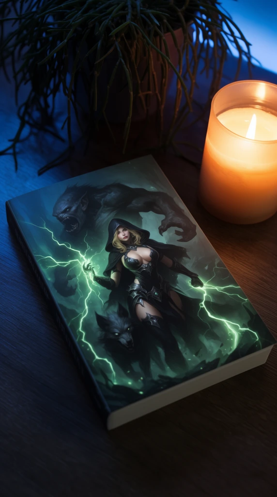 paperback book angled on a dark wooden surface, cover art featuring a dark fantasy scene of a blonde woman in a black hooded cape and revealing armor wielding glowing green lightning alongside a shadowy wolf and a massive hunched beast, lit pillar candle in a translucent jar casting warm orange light on the right, potted plant with thin trailing stems in the upper background, cool blue ambient lighting contrasting with the warm candlelight, top-down angled perspective, shallow depth of field, photorealistic still life