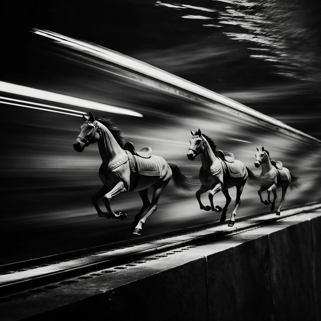 cinematic black and white photography, long exposure motion blur, high contrast, three ornate horse-like creatures with saddles galloping in a row underwater past a dark platform, streaks of white light and bubbles mimicking the blur of a speeding train, sharp focus on the creatures' textured skin and ornate tack against the rushing water, moody atmospheric lighting, film grain, deep blacks, architectural subterranean aesthetic, low-angle perspective, leading lines.