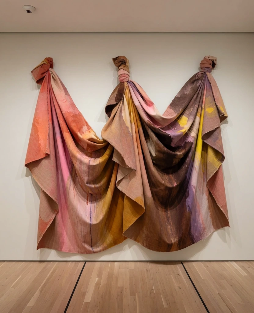 A large, multi-colored textile artwork is draped in heavy, sculptural folds from three suspension points on a plain white gallery wall. The fabric features a diverse palette of dusty pink, burnt orange, ochre yellow, deep brown, and muted violet, with vertical streaks and washes of paint that blend together across its surface. It is secured at the top by three knotted bundles of the same material, causing the fabric to hang in two deep, U-shaped swags that create complex layers and deep shadows within the folds. The leftmost section leans toward warm coral and pink tones, while the right side transitions into darker browns and purples with splashes of bright yellow. The artwork hangs against a flat, off-white wall above a light-colored hardwood floor characterized by long, thin planks and two parallel black divider strips. A small, circular smoke detector is visible on the ceiling in the upper left corner of the frame. The composition is centered and captured from a straight-on perspective, with soft overhead lighting that emphasizes the three-dimensional texture and weight of the draped canvas. The color application appears organic, with varying intensities of pigment suggesting staining or pouring techniques that highlight the weave of the material.