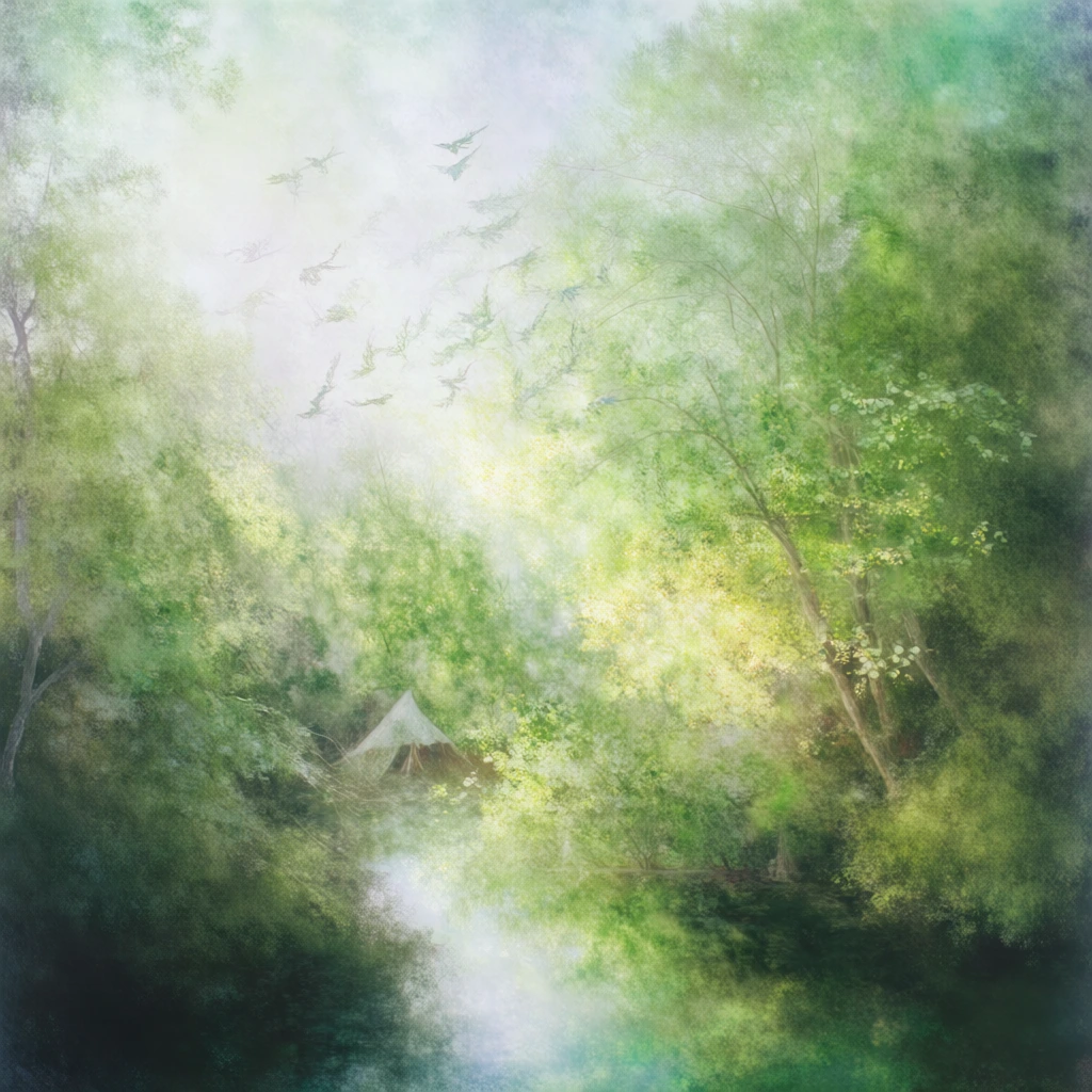 ethereal impressionistic landscape, flock of birds soaring above canvas tents and lush trees reflected on shimmering water, soft-focus painterly style, layered textural depth, hazy dreamlike atmosphere, palette of verdant greens, moss, pale yellows, and creamy whites, dappled sunlight with double exposure effects, blurred luminous details, fine art photography aesthetic with high-key lighting, atmospheric and romantic mood, vertical composition, watercolor texture.