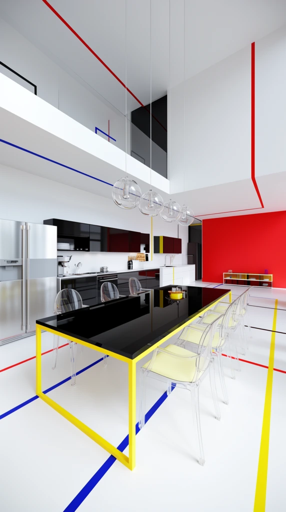 ultra-modern open-plan kitchen and dining interior, bold geometric color blocking, stark white surfaces intersected by precise orthogonal lines in primary red blue yellow and black, glossy black dining table with yellow framing, clear acrylic chairs with pale yellow seats, stainless steel refrigerator, black cabinetry, spherical clear glass pendant lights, multi-level space featuring a bright red accent wall, high-key lighting, minimalist architectural 3D render, wide-angle perspective, sharp linear composition