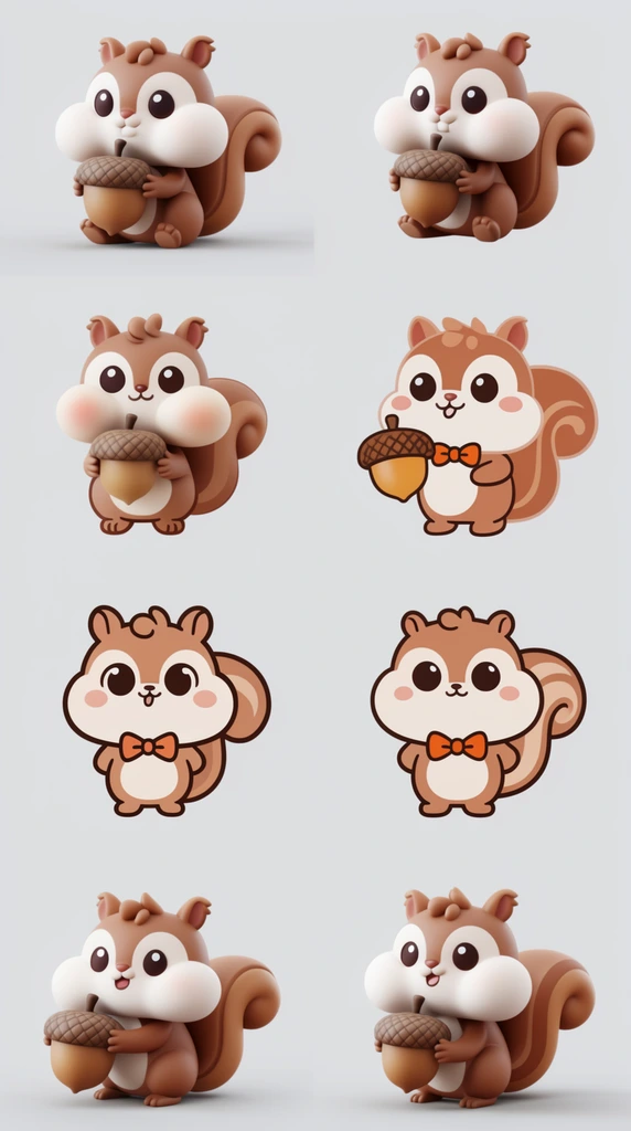 eight variations of a cute brown squirrel mascot, grid layout, oversized puffy white cheeks, large dark eyes, 3D matte plastic render style alongside flat 2D vector designs, playful poses with giant acorns and bowties, light grey background, kawaii aesthetic, soft studio lighting