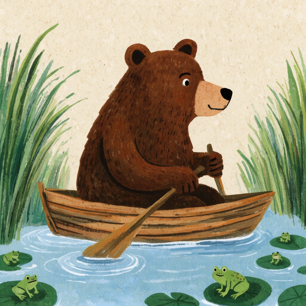 large brown bear rowing a small wooden boat, calm blue water with white ripples, scattered green lily pads with tiny green frogs, tall green reeds framing the scene, textured beige background, whimsical children's book illustration, flat earthy color palette, grainy gouache paint texture