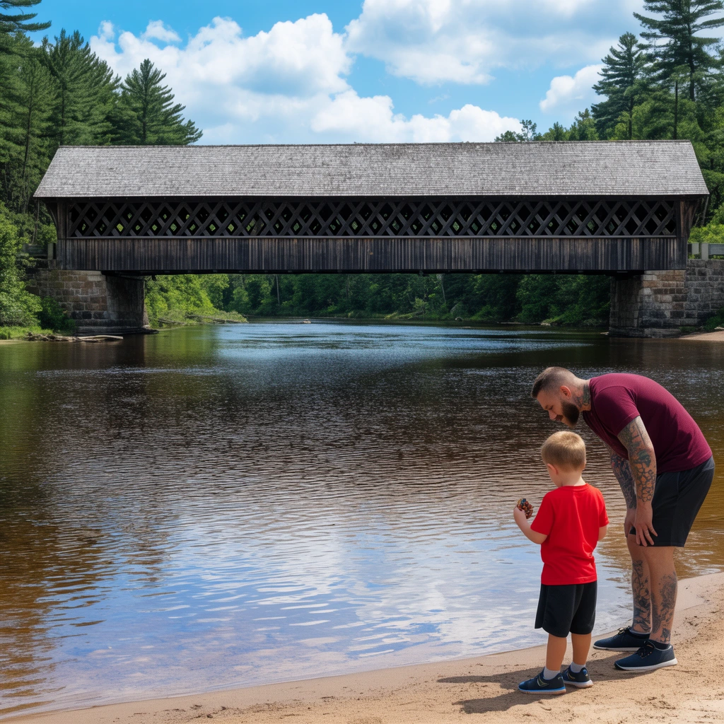 A man and a young boy stand on a sandy riverbank looking at a calm river, with a large wooden covered bridge spanning the water in the background. The bridge features a weathered grey shingle roof, a dark diamond-patterned lattice truss, and solid stone pillars. In the right foreground, the tattooed man in a maroon t-shirt leans toward the boy in a bright red shirt who holds a small object. Dense green pine trees line the opposite bank. The bright blue sky with fluffy white clouds reflects in the rippling water under clear, natural daytime lighting.